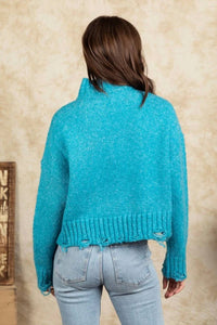 Fashion District La - Long Sleeve Mock Neck Distressed Sweater