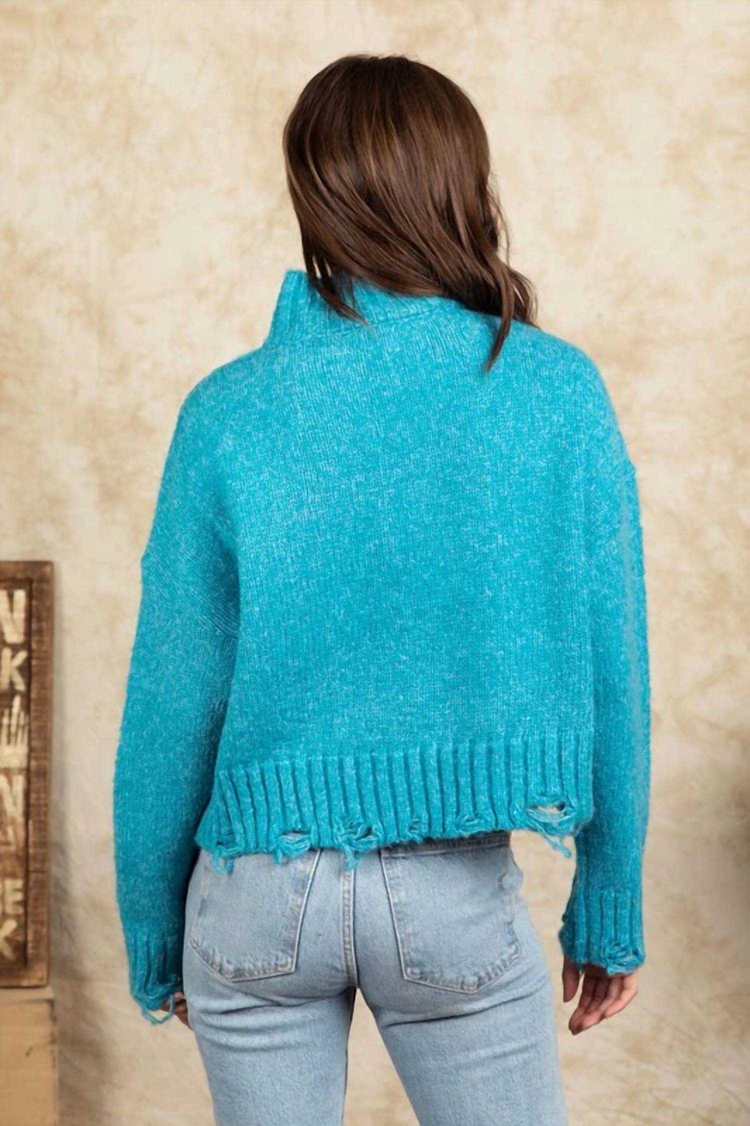 Fashion District La - Long Sleeve Mock Neck Distressed Sweater