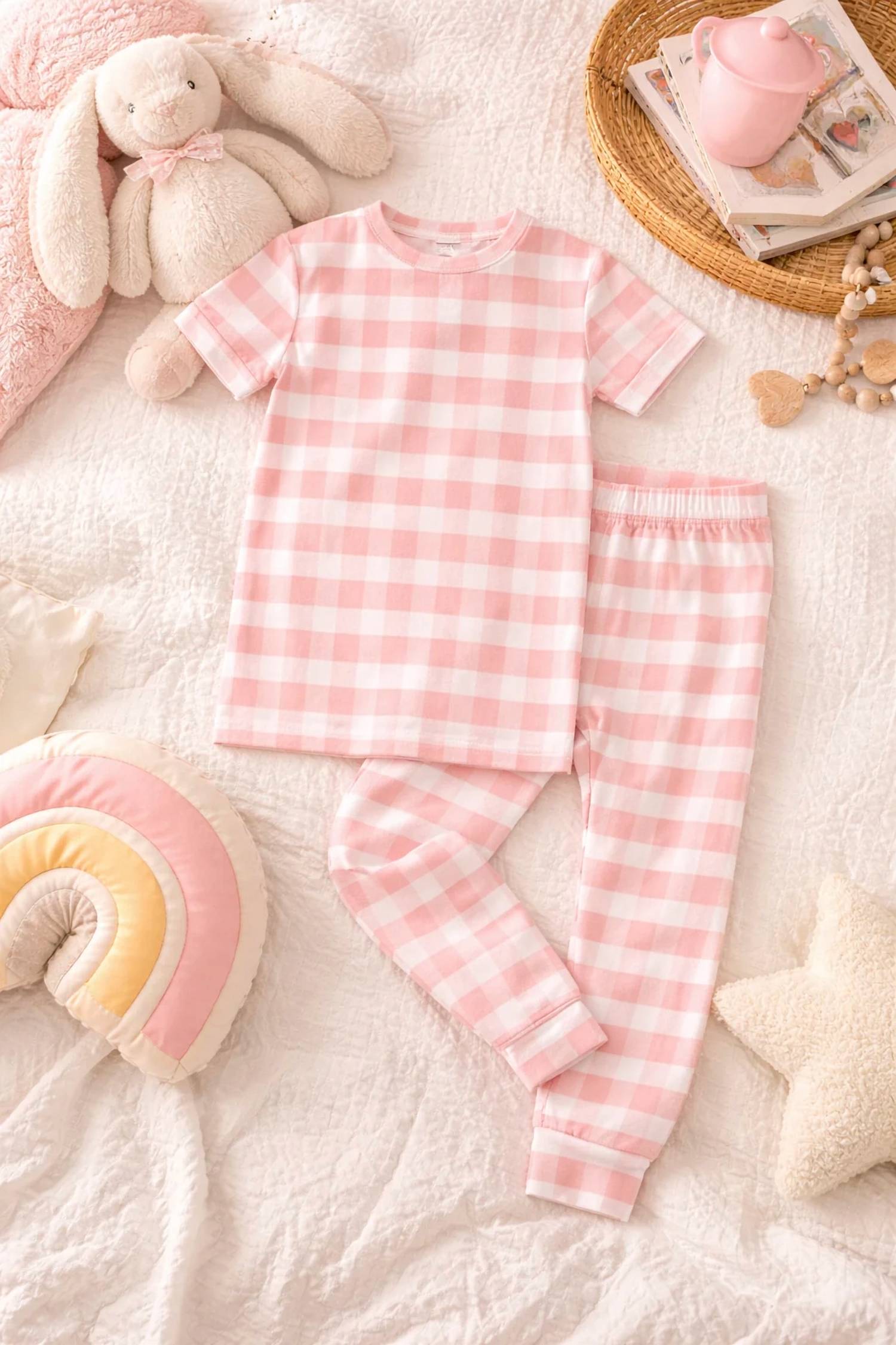 Emerson And Friends - Kids Gingham Two-piece Bamboo Short Sleeve Pajama Pants Set