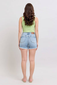 Judy Blue High Waist Tummy Control Light Destroy & Fray Hem Shorts in blue - women's shorts - view 7