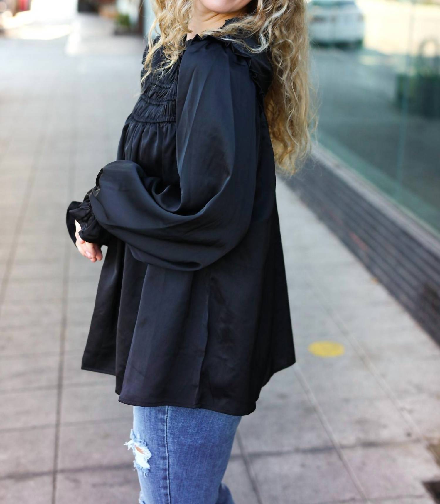 Haptics - Mock Neck Satin Long Sleeve Blouse