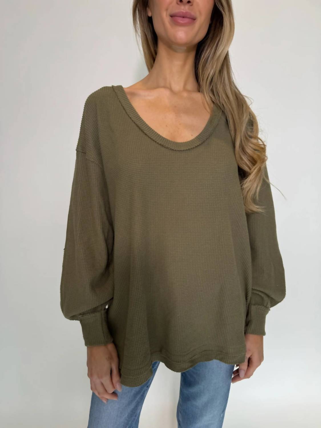 Free People Coast 2 Coast Thermal Top in gothic olive cross - women's long sleeve top
