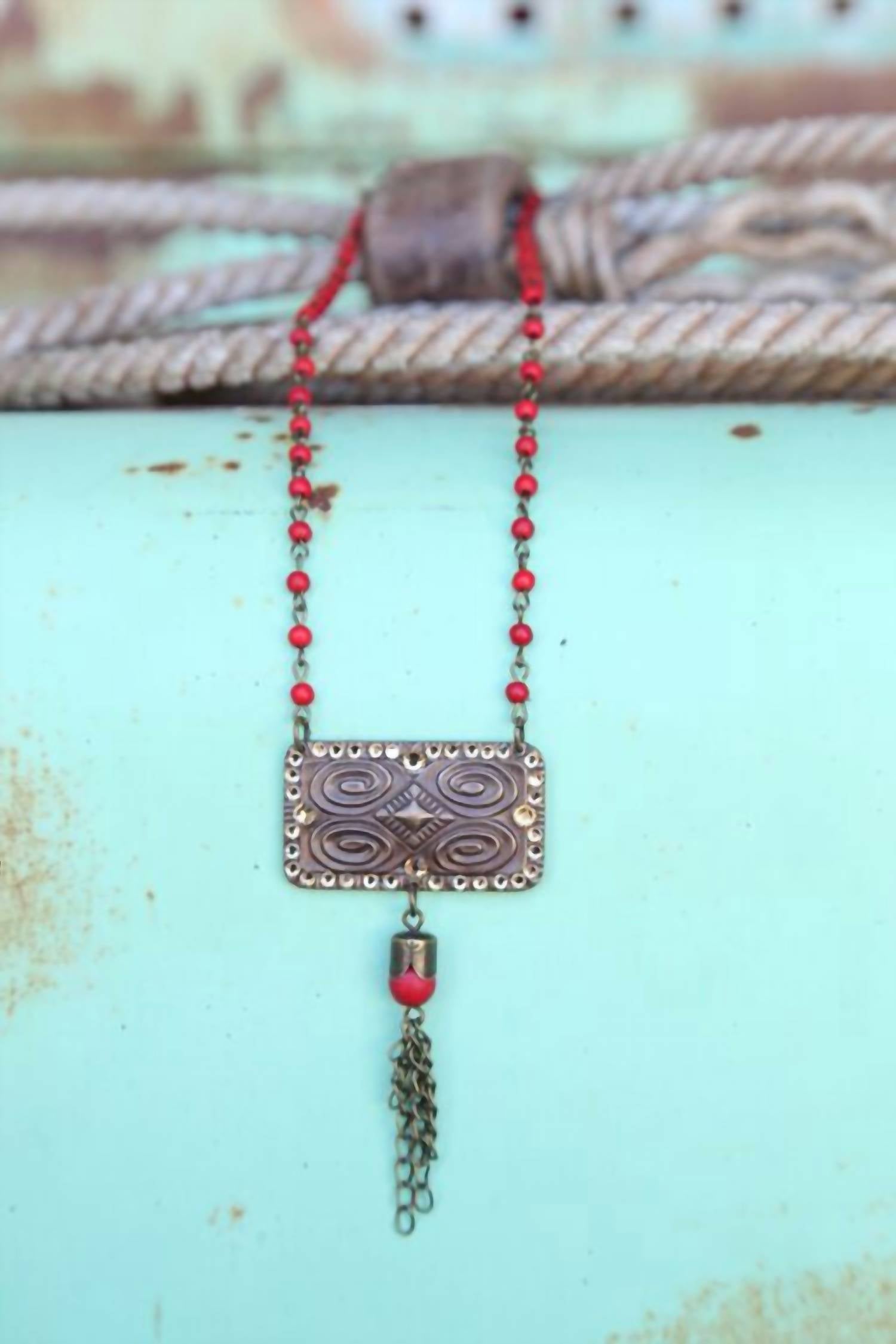 Pink Panache Women's Bead Chain Necklace Linked With Aztec Stamped Pendant in red - women's jewelry