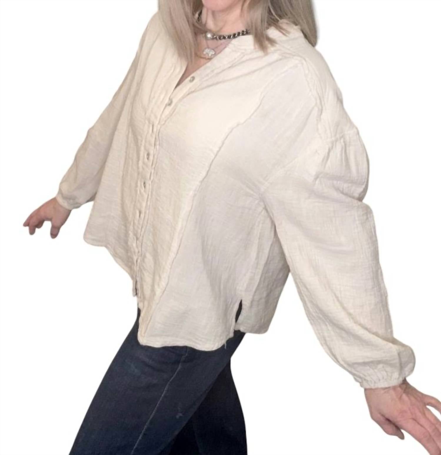 ELAN Long Sleeve Button Down Top in natural - women's shirt - detail view