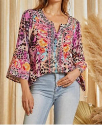 Savanna Jane Animal Print Rayon Top in magenta haze - women's blouse - detail view