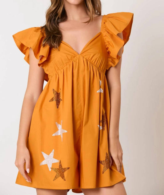 Peach Love - Sequin Stars Rhinestone Ruffle Sleeve Romper