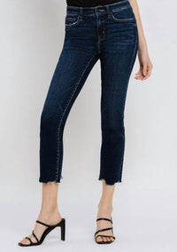 VERVET BY FLYING MONKEY Women's Mid-rise Slim Straight Raw Hem Crop Jeans in dark blue - women's jeans