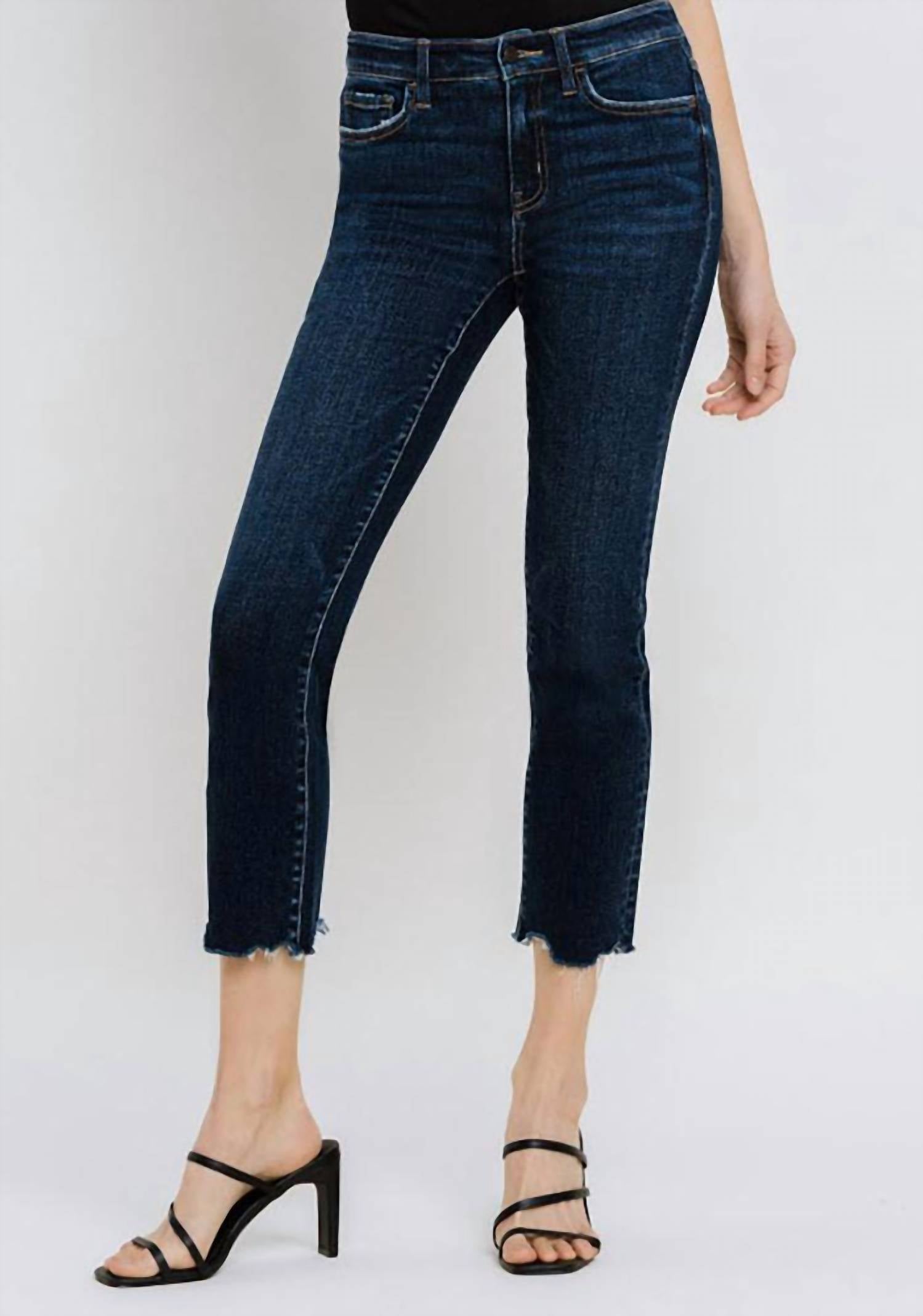 VERVET BY FLYING MONKEY Women's Mid-rise Slim Straight Raw Hem Crop Jeans in dark blue - women's jeans
