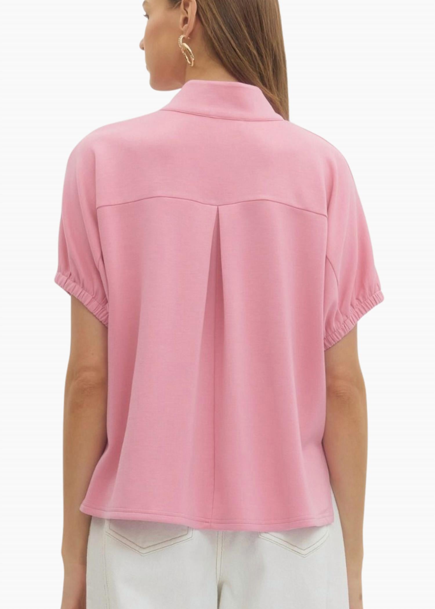 entro Collins Collared Top in dusty pink - women's t-shirt - detail view