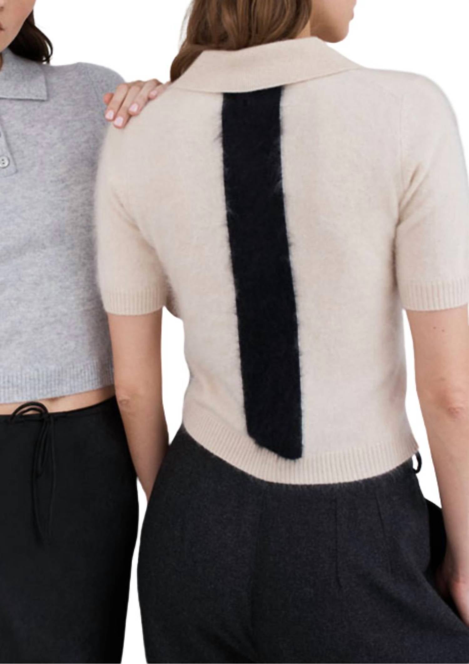 Autumn Cashmere Women's Cropped Polo in beige - women's shirt - detail view
