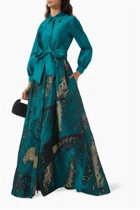 Teri Jon - Jacquard Belted Shirt Gown