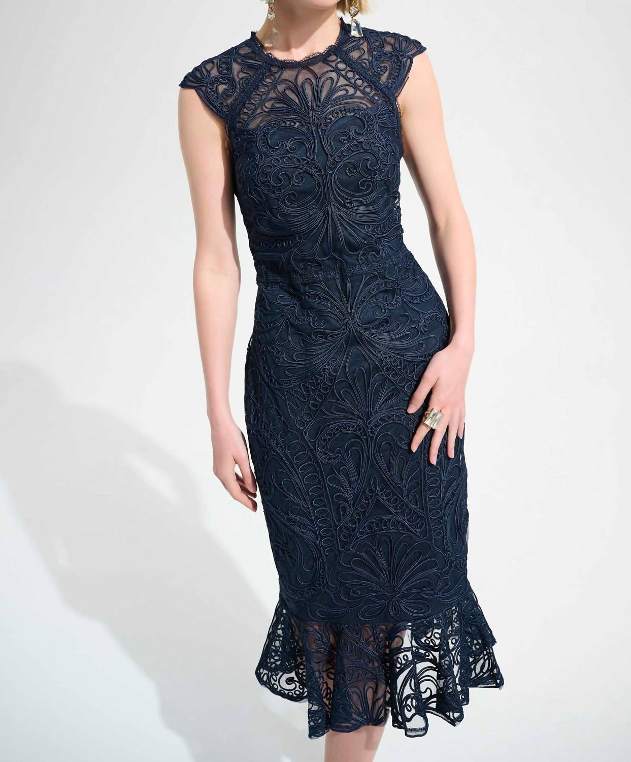 Joseph Ribkoff - Guipure Soutache Trumpet Dress With Ruffle Hem