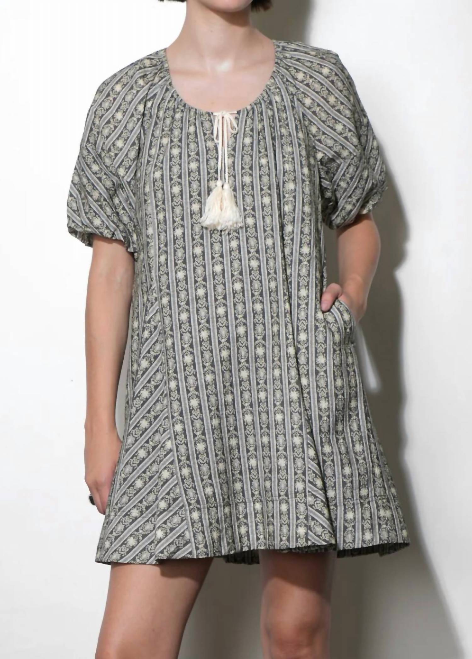 Greylin - Elena Stripe Pattern Bubble Sleeve Popover Dress