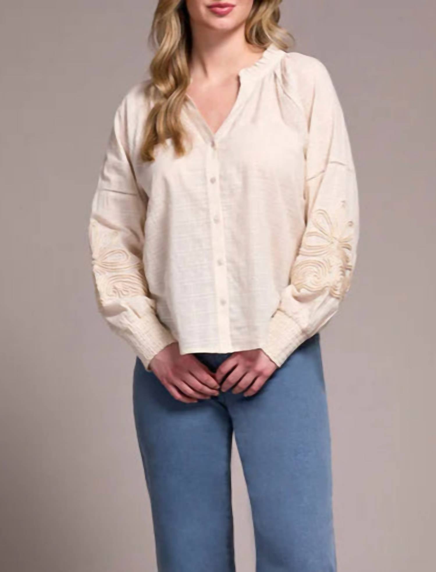 Tribal - Long Sleeve Blouse With Applique On Sleeve