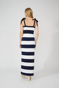 Frank Lyman Maxi A-line Striped Dress in navy white - women's dress - detail view