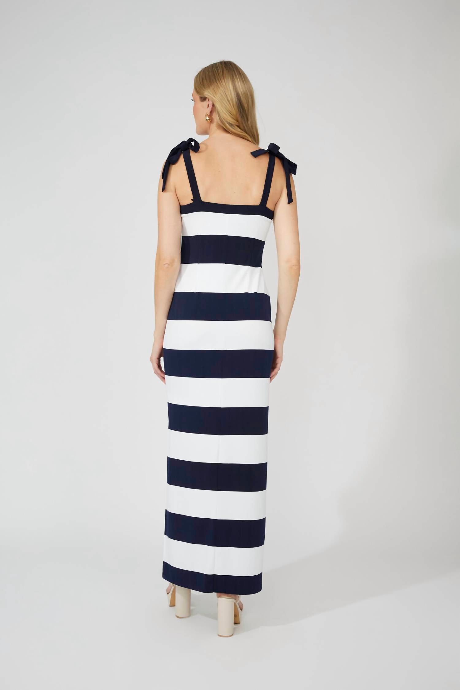 Frank Lyman Maxi A-line Striped Dress in navy white - women's dress - detail view