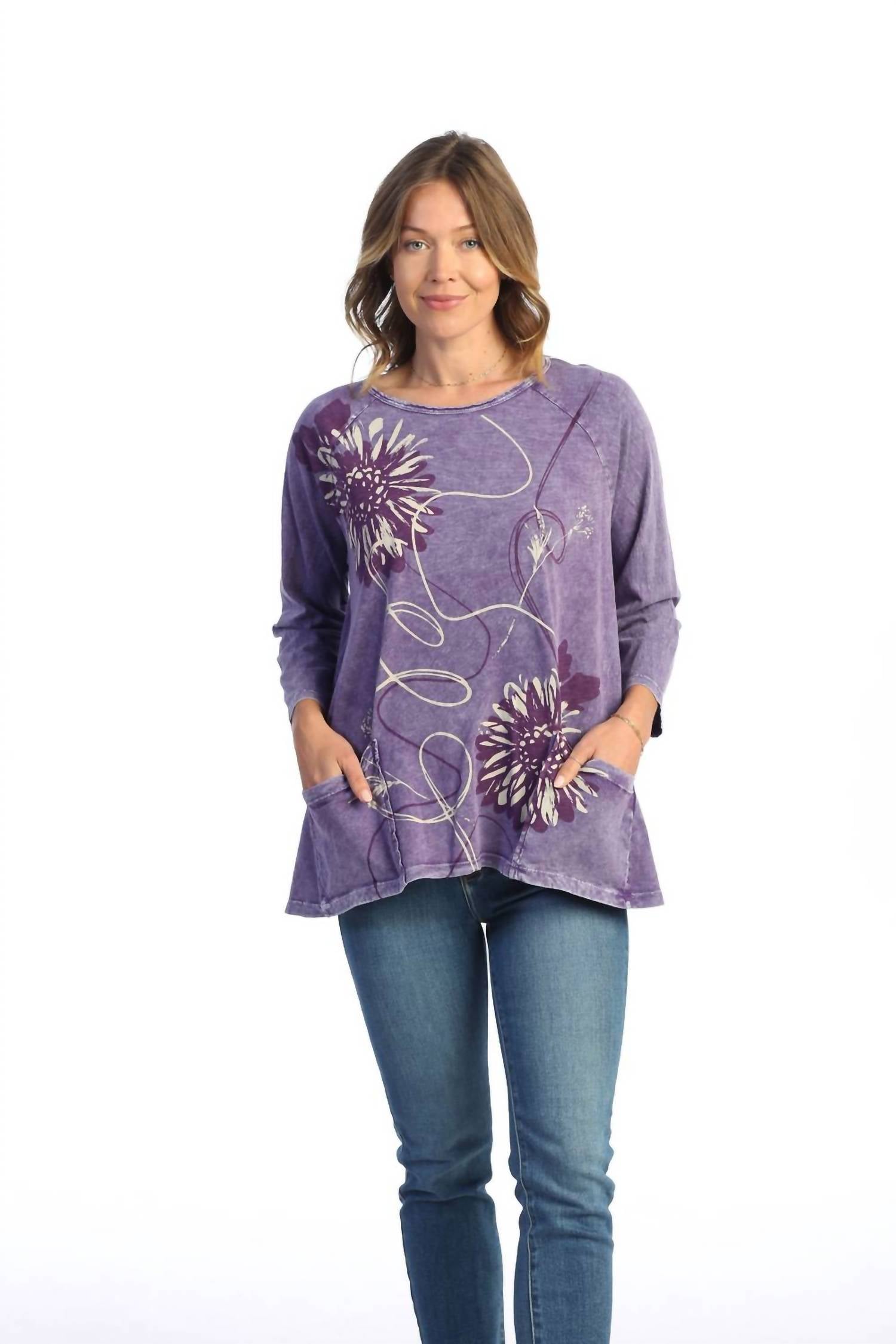Jess & Jane Carmen Mineral Washed Patch Pocket Tunic Top in purple - women's shirt - alternate view