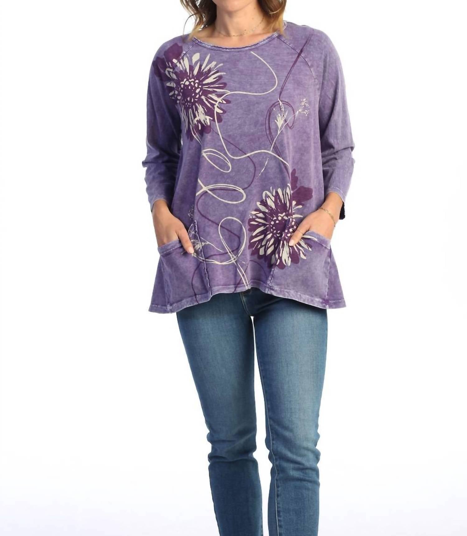 Jess & Jane Carmen Mineral Washed Patch Pocket Tunic Top in purple - women's shirt - detail view