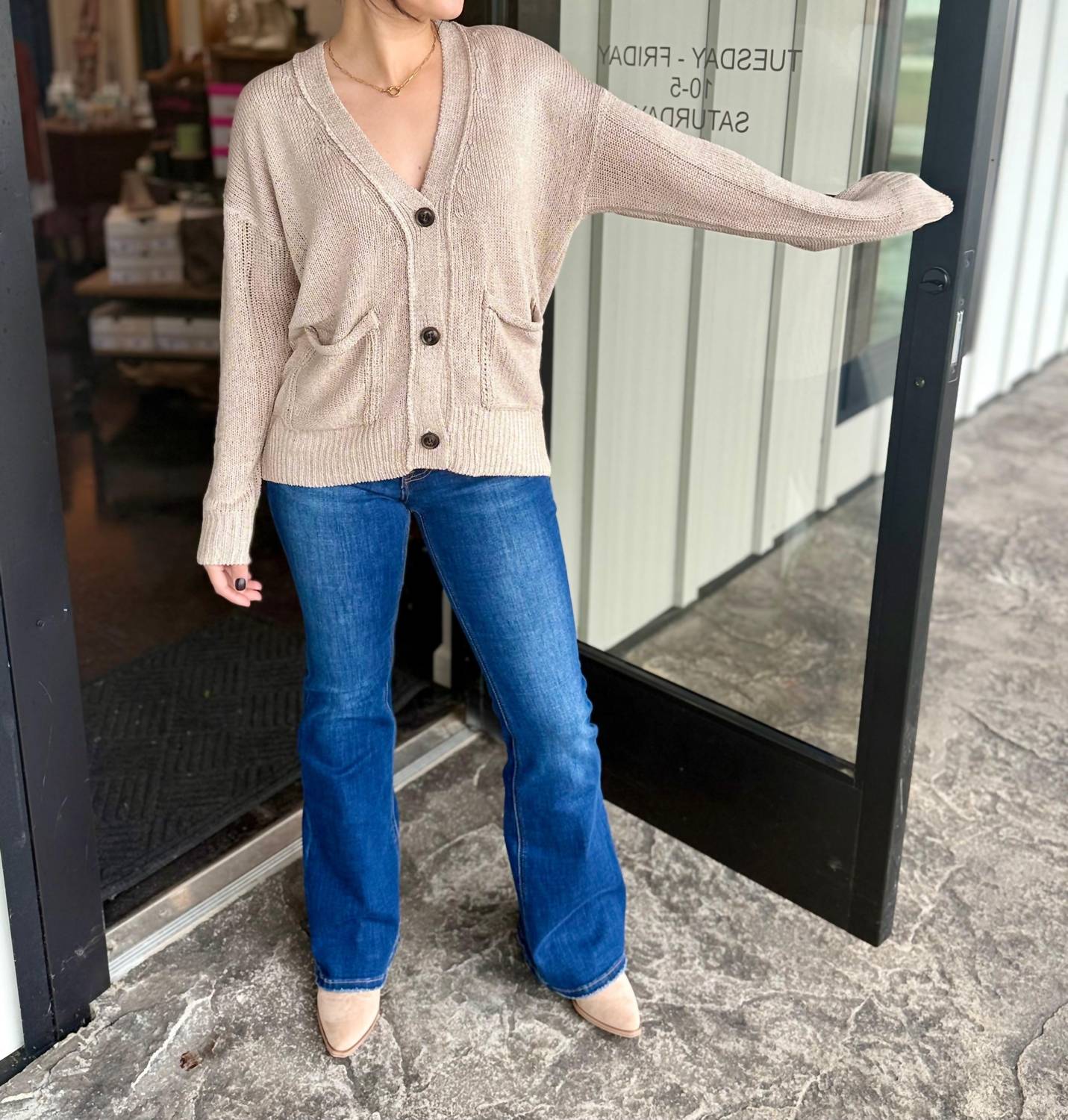 ee:some Long Sleeve Button Down Cardigan in sand - women's cardigan - detail view
