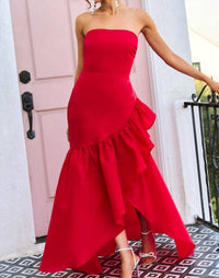 Maniju - Strapless Asymmetrical Ruffle Gown