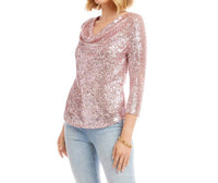 Karen Kane 3/4 Sleeve Drape Front Sequin Top in pink - women's long sleeve top - detail view