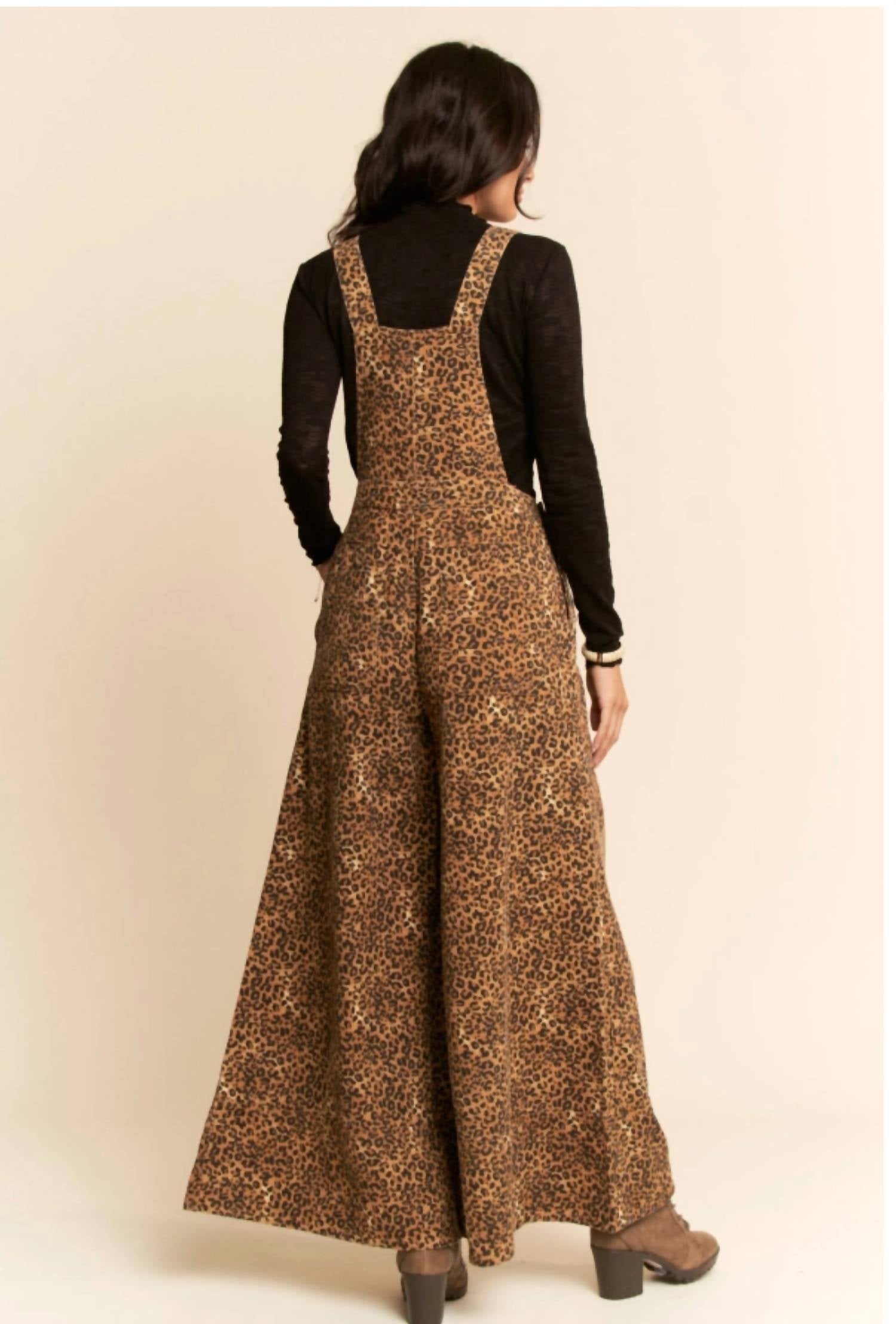 Davi & Dani - Animal Printed Denim Wide Open Leg Overall Pants