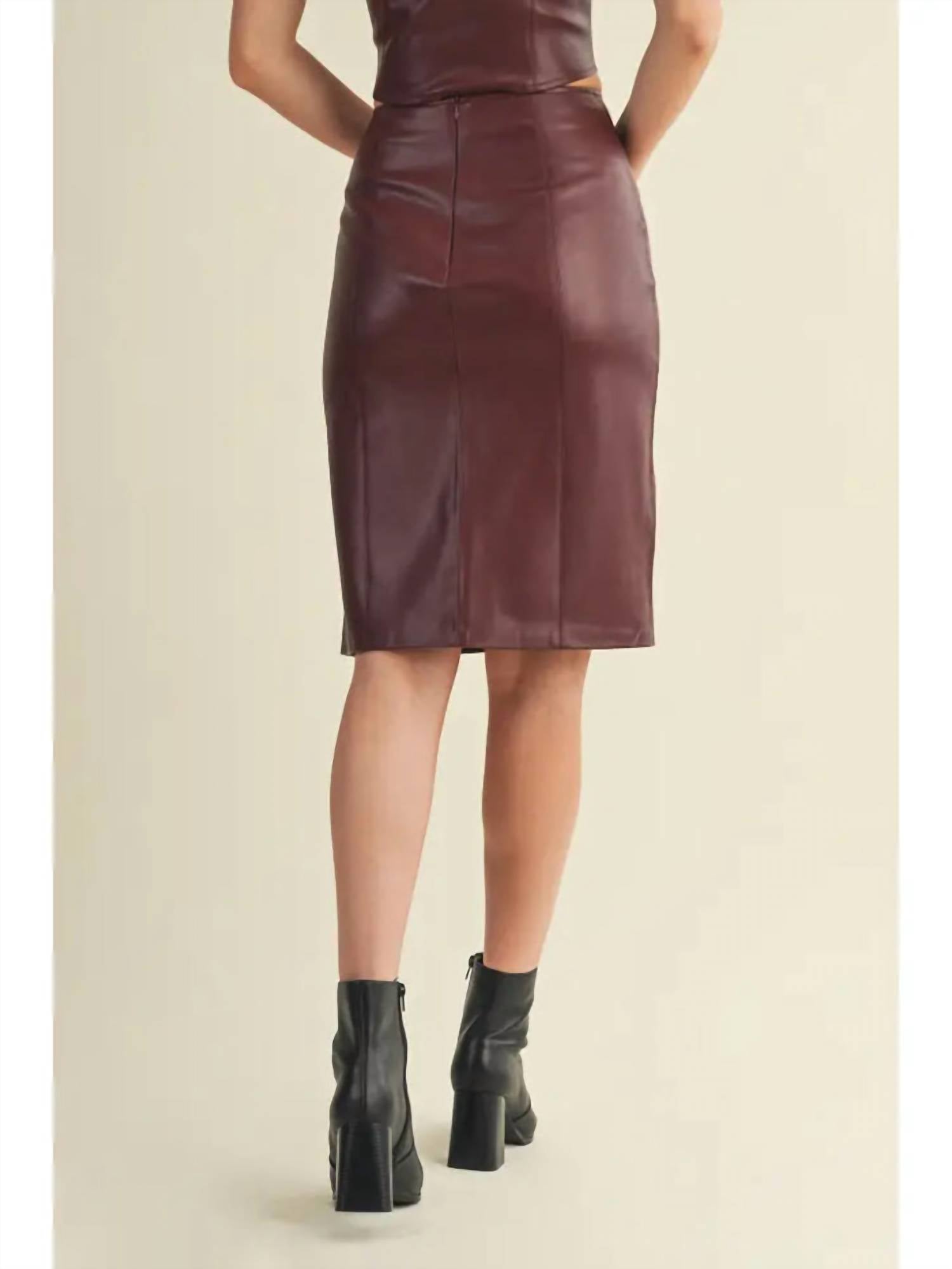 Mustard Seed Pencil Sharp Faux Leather Skirt in red wine - women's skirt - detail view