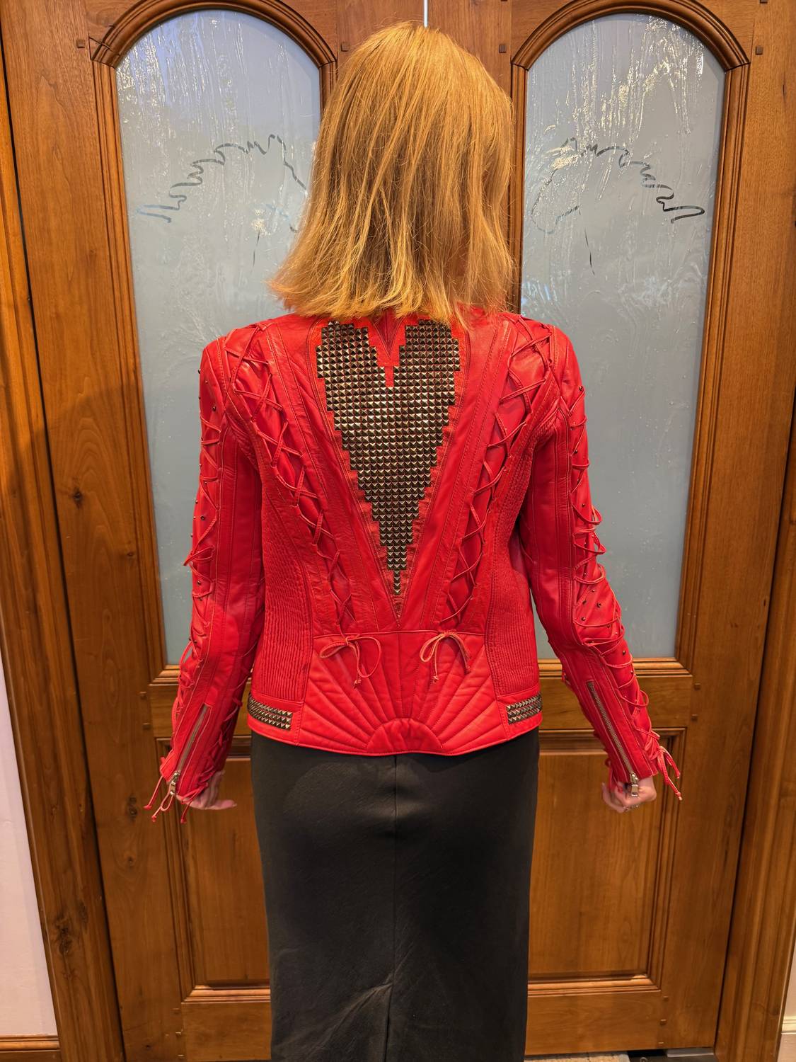 Kippys Laced Heart Leather Moto Jacket in red - women's jacket - detail view