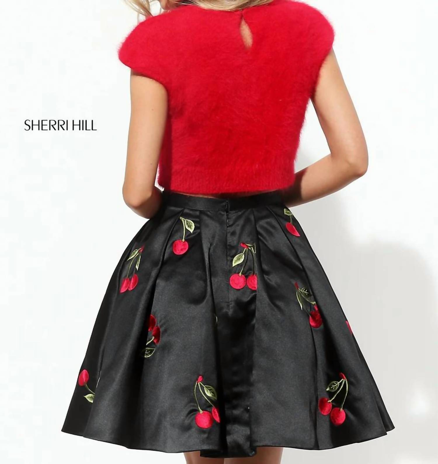 Sherri Hill - Fuzzy Crop Top With Cherry Embroidered A-line Skirt