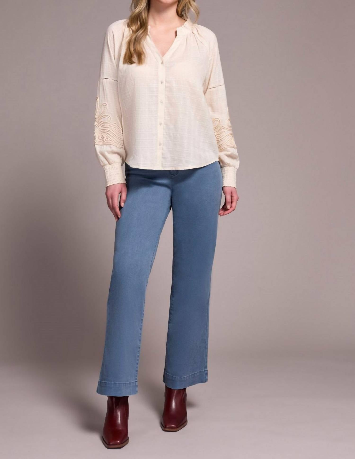 Tribal - Jaquard Appliqué Sleeve Notch Neck Blouse