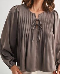 Fun 2 Fun Pin Tuck Front Tie Blouse in dark taupe - women's blouse - view 6
