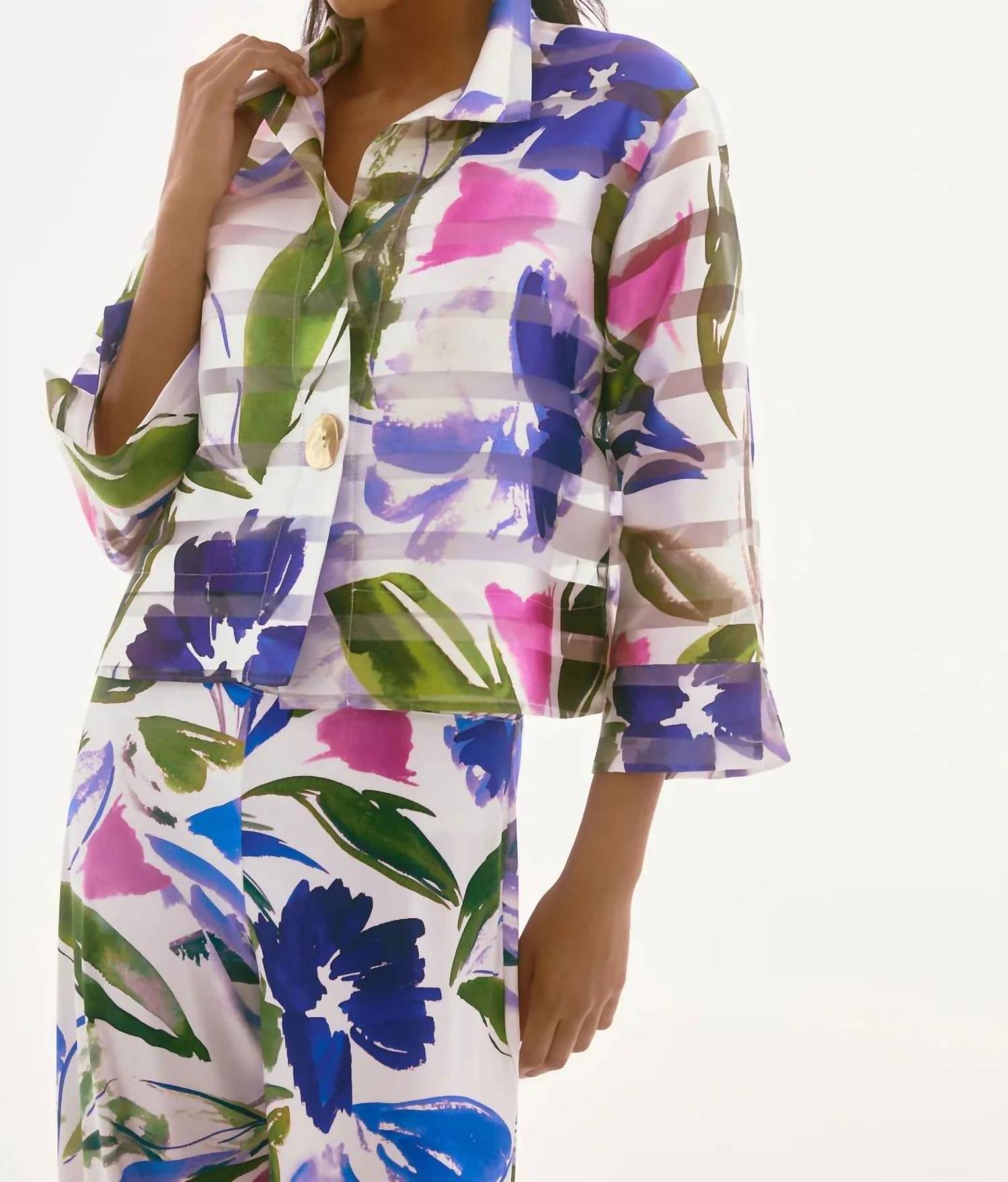 Joseph Ribkoff - Floral Print 3/4 Sleeves Trapeze Jacket