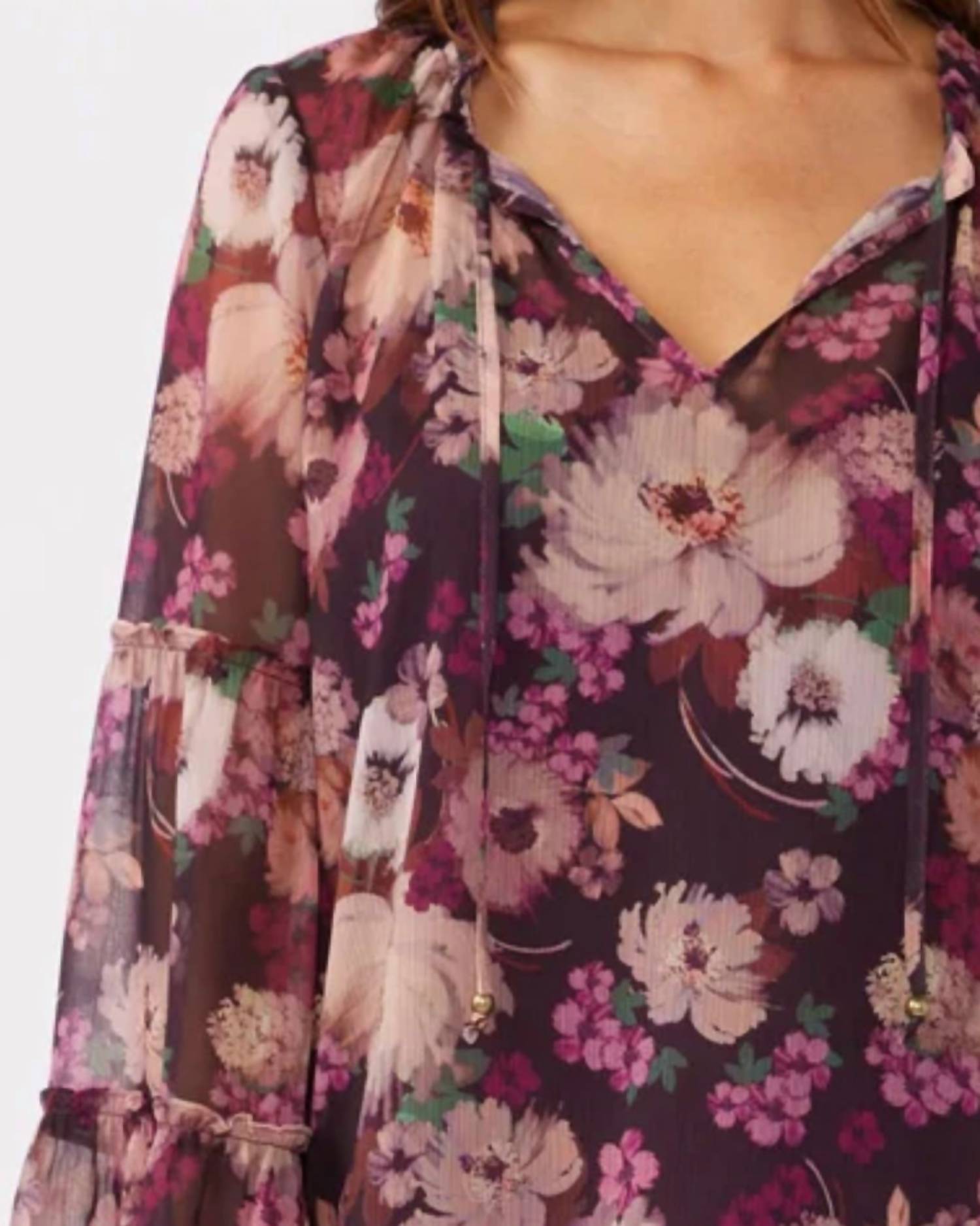 LOVESTITCH Bell Sleeve V-split Neck Blouse in plum - women's blouse - detail view