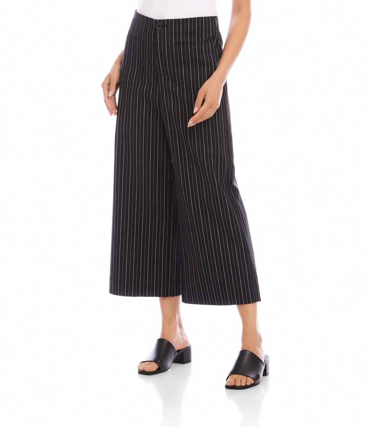 Karen Kane Stripe Cropped Wide-Leg Pants in black with off white - women's pants - detail view