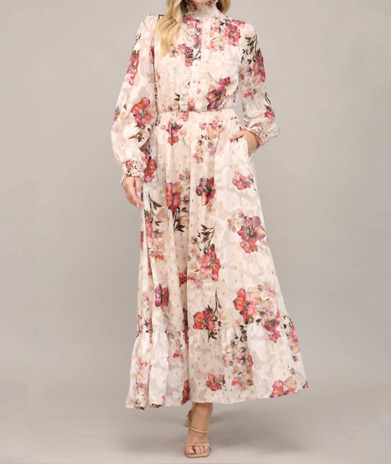 Fate Floral Metallic Ruffle Maxi Dress in cream and gold - women's dress