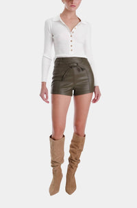 Karina Grimaldi Women's Mona Vegan Leather Mini Shorts in olive - women's shorts