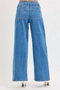 RISEN Sutton Slouchy Wide Leg Pleated Jeans in medium wash - women's jeans - detail view