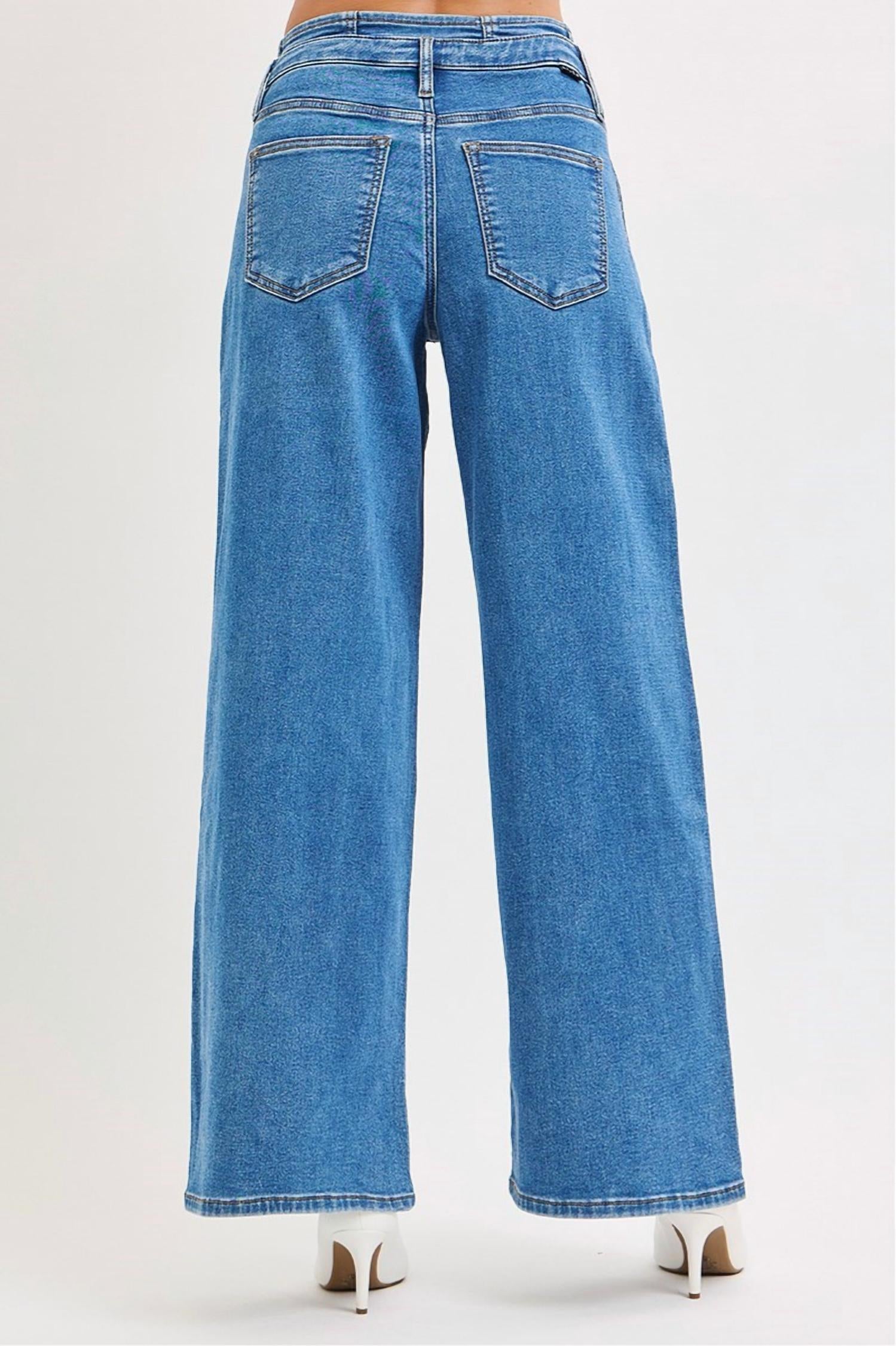 RISEN Sutton Slouchy Wide Leg Pleated Jeans in medium wash - women's jeans - detail view