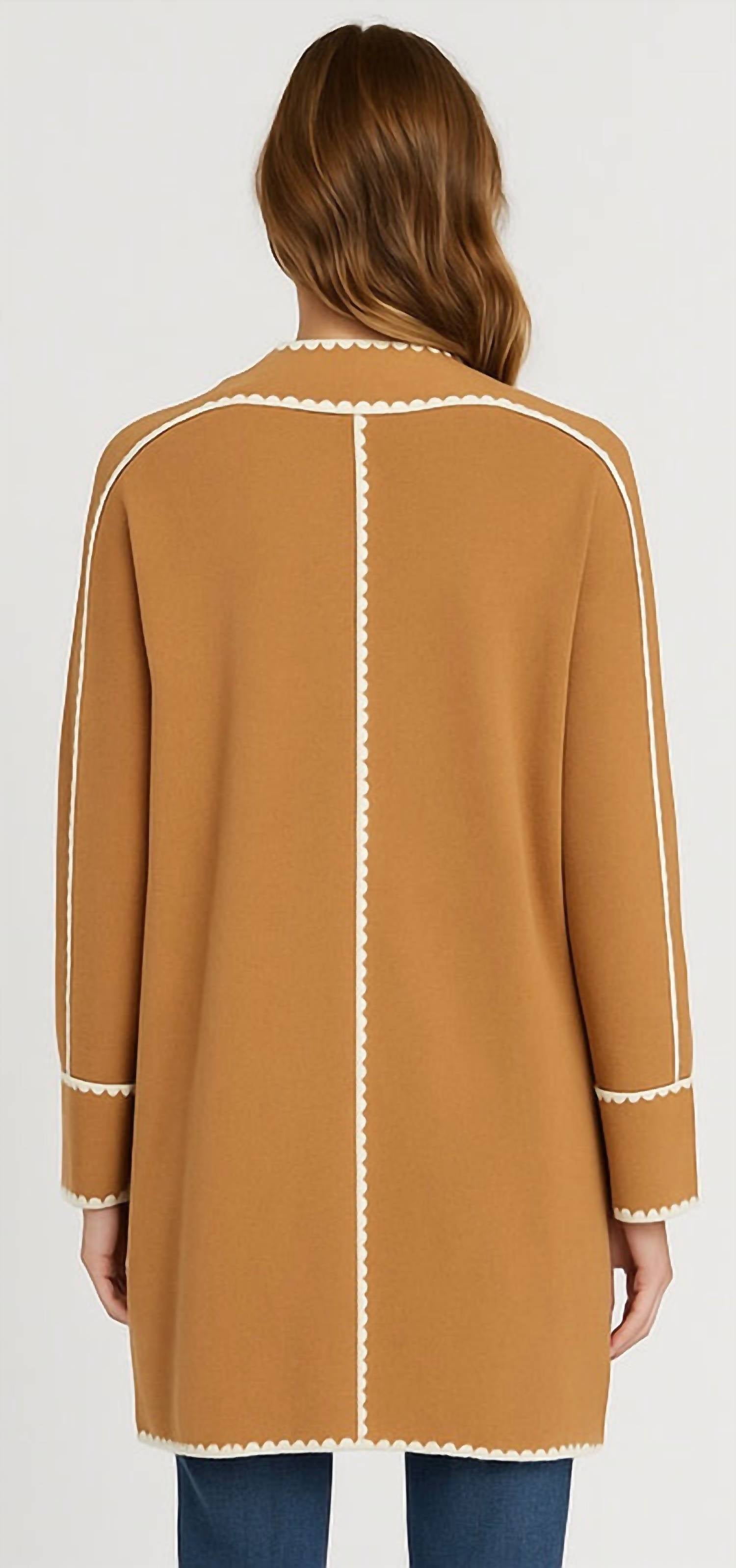 THML Long sleeve mid cardigan in tan - women's cardigan - detail view