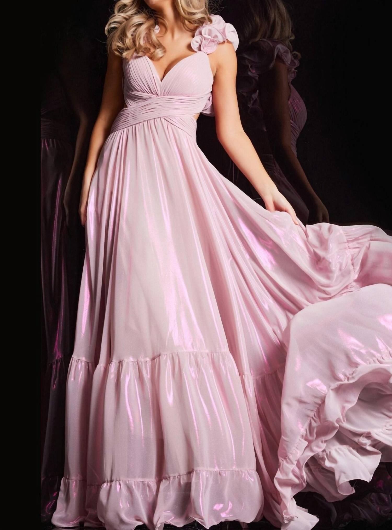 Jovani - Metallic Chiffon V-neck Maxi Dress
