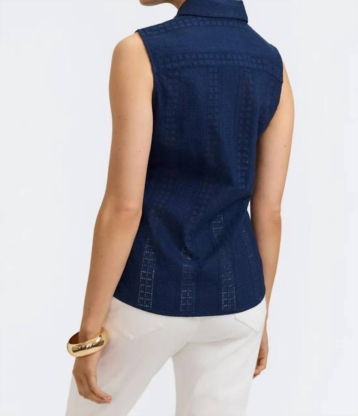 Foxcroft ADA Cotton Eyelet Sleeveless Shirt in navy - women's blouse - detail view