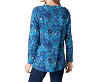 habitat Cozy French Floral V-neck Tunic in sapphire - women's shirt - detail view