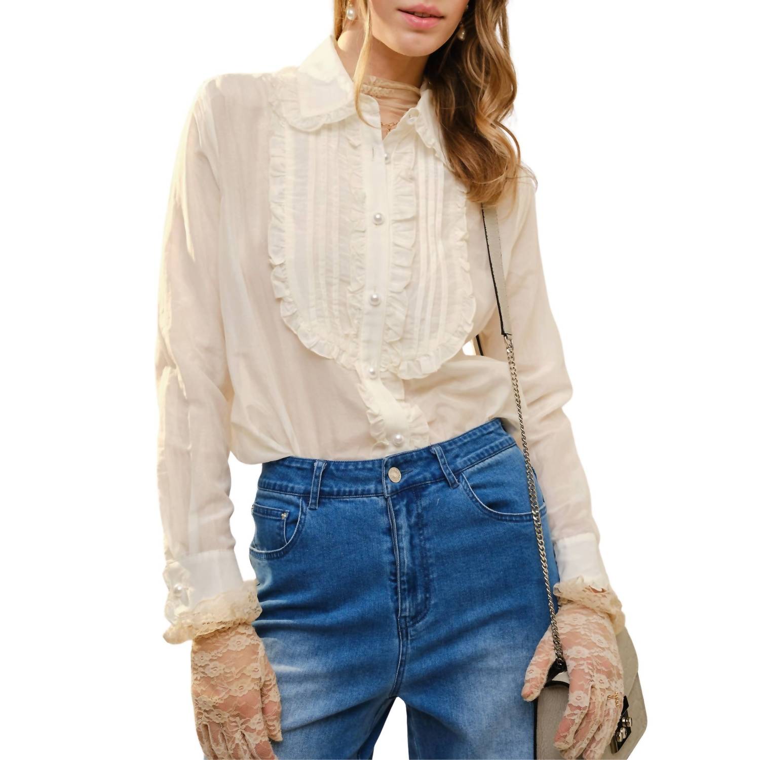 Blue B - Ruffle Pleated Pearl Button Blouse
