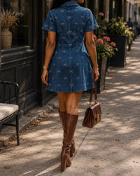 Surelymine - Rhinestone Bow Denim Shirt Mini Dress