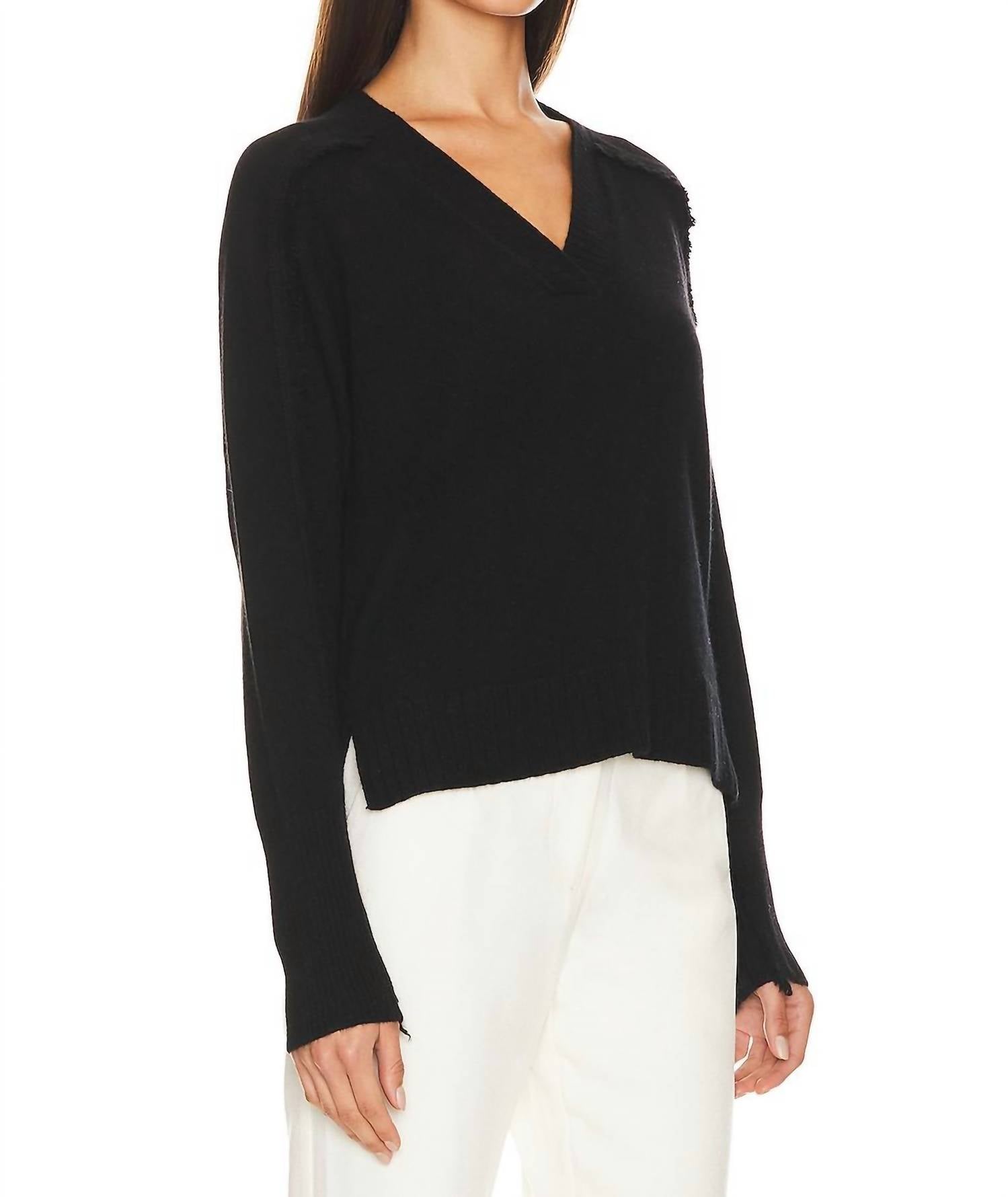 Brochu Walker Jolie Fringe Vee Sweater in black onyx - women's sweater - detail view