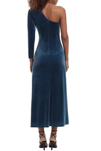 Donna Morgan - Velvet One Shoulder Embellished Front Slit Midi Dress