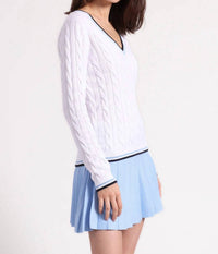 Minnie Rose - Cotton Cable Sporty V Neck Sweater