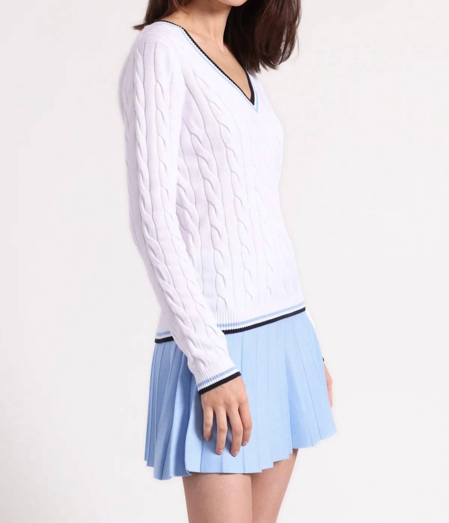Minnie Rose - Cotton Cable Sporty V Neck Sweater