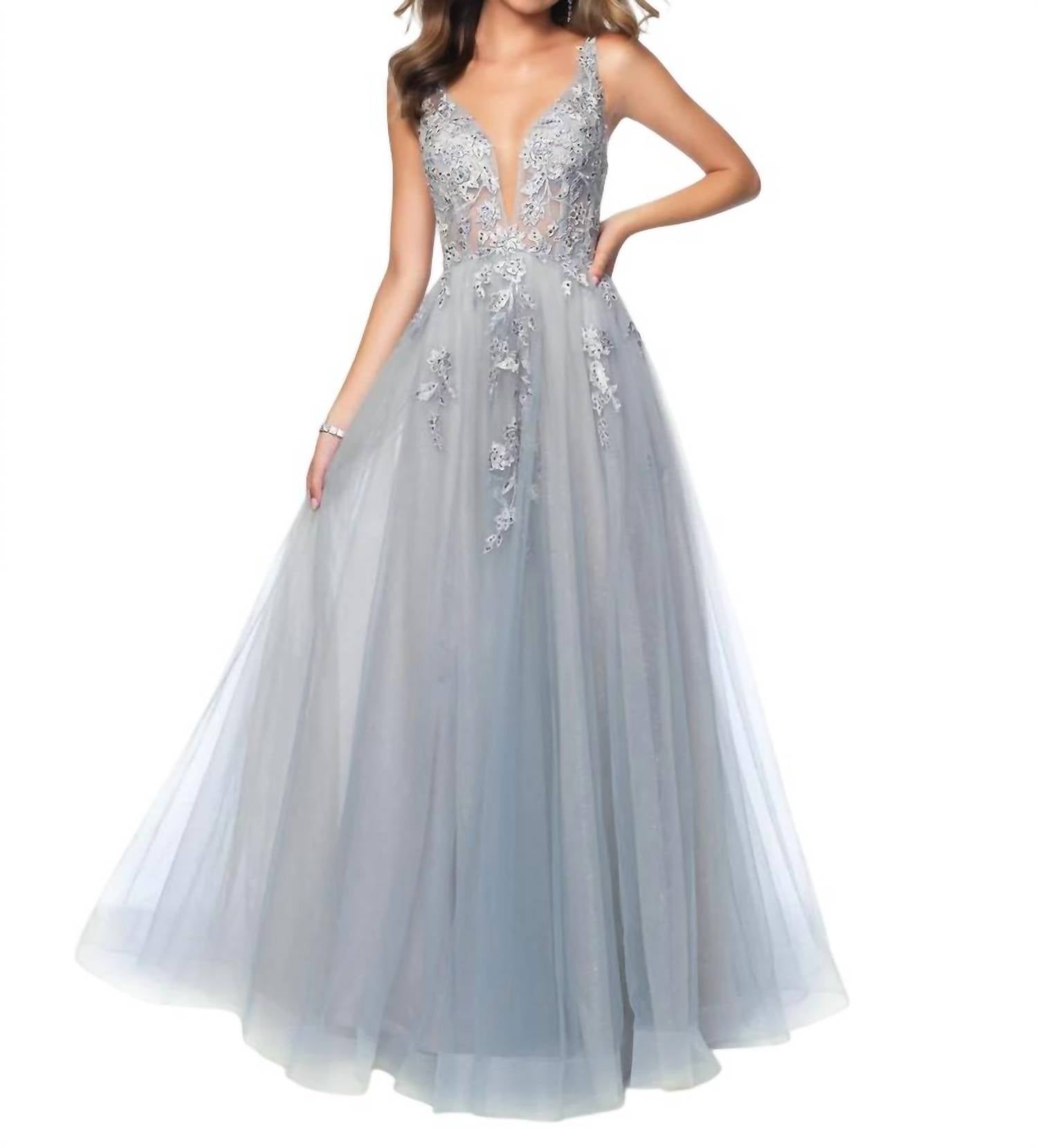 Blush Prom - Beaded Lace Appliqued Tulle Deep V-neck Gown