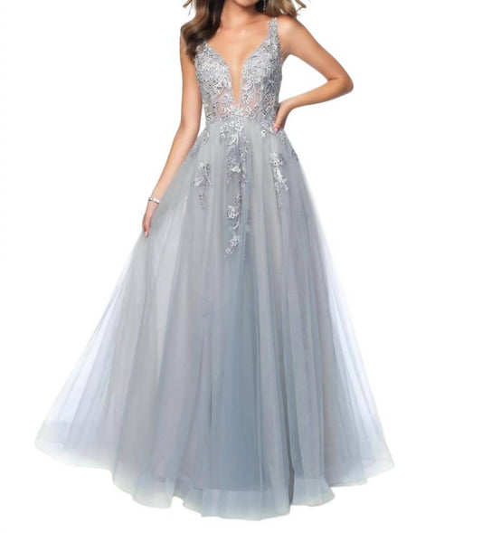 Blush Prom - Beaded Lace Appliqued Tulle Deep V-neck Gown